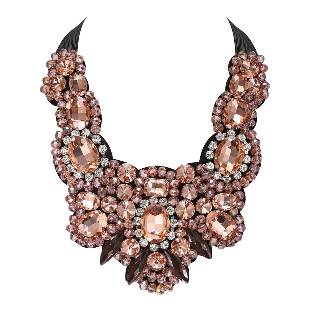 Champagne Peach Crystal Statement Bib Necklace Black Ribbon Tie Glam Jewelry